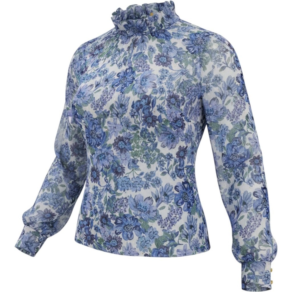 Sabina Musayev Blue Floral Ruffle High Neck Metallic Blouse Medium‎